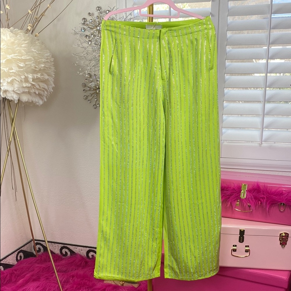 Neon Lime Crystal-Embellished Pants (Lined)